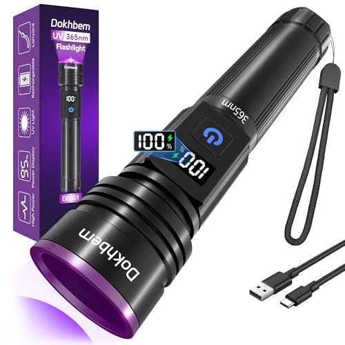 Dokhbem 365nm UV Flashlight Rechargeable, Black Light Flashlight with LCD Display, Powerful...