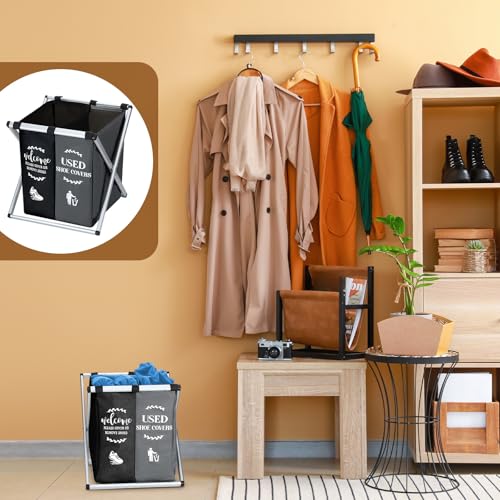 Foldable Disposable Shoe Cover Box Dispenser Fabric Storage Bin Holder with Used Shoe Covers and Welcome Please or Remove Sign for Open House Supplies(Black, Gray) - Image 3