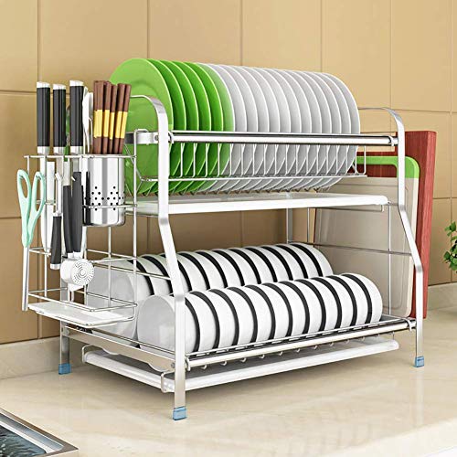 Edelstahl Geschirrtrockner, 2-stufiges Geschirrregal mit Besteckhalter und Schneidebretthalter Geschirrablage Regal Zähler Silber 42cm (17inch)