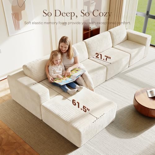 Image of Vesgantti 159 inch Large Modular Sectional Sofa, L-Shaped Corduroy Cloud Couch with Deep Seats & Spring Support, 4-Seater Boneless Sofa with Movable Ottoman, No Assembly Needed, Beige