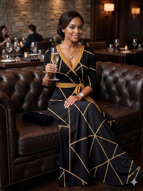 Image of PinkPatty Plus Size Maxi Dresses for Women Casual Flowy Long Dress 3 /4 Sleeve V Neck Wrap Dress with Belt