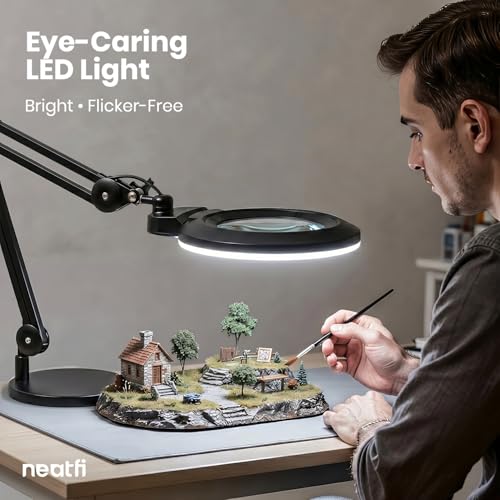 Image of Neatfi XL LED Magnifying Lamp, Hands-Free, Dimmable, Crafts, Reading, Close Work (Black, Non-CCT with Base)