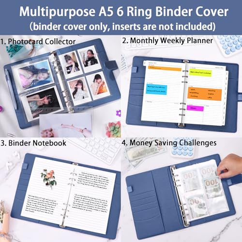 Image of Antner A5 Notebook Binder with 6-Ring Photocard Cover, PU Leather Refillable Budget Binder Loose Leaf Personal Organizer, Magnetic Buckle, Glitter Blue