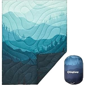 KingCamp Lightweight Camping Blanket – Puffy Printed Warm Camping Quilt with Snap Button – Portable for Travel, Hiking, Stadium, Airplane – 79″ x 57″ – Cyan