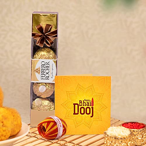 Image of TIED RIBBONS Bhai Dooj Gift Set for Brother with Chocolate - Ferrero Rocher Chocolates with Greeting Card and Kalawa Moli Roli Chawal Tika Hamper Pack
