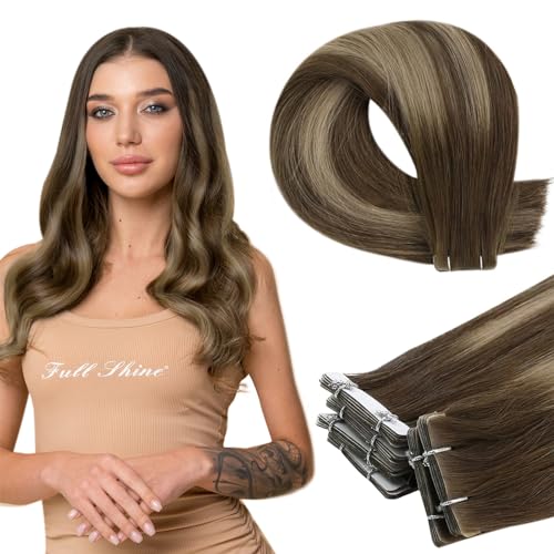 Image of Full Shine Tape in Hair Extensions Human Hair 14Inch Machine Virgin Tape in Extensions Color Medium Brown to Honey Blonde Balayage Short Skin Weft Hair Extensions 10Pcs 20Gram for Women