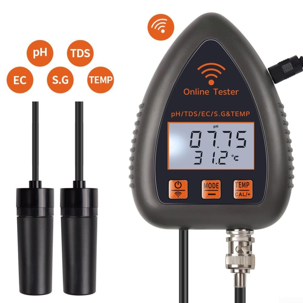 Monitor de pH WiFi 5 en 1 para Tuya Smart, medidor de calidad del agua con salinidad/temperatura/peso específico, electrodo BNC, calibración automática para acuario/hidroponía/estanque, negro (WF9951)