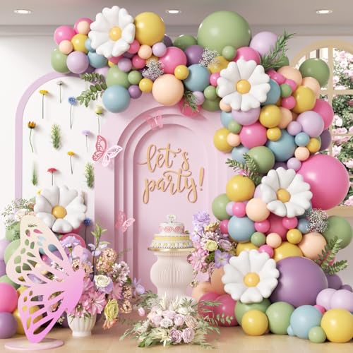 136pcs Flower Balloon Arch Kit with Sage Green Hot Pink Dusty Pastel Purple Flower Balloons for Wildflower Baby in Bloom Baby Shower Birthday Party Decorations