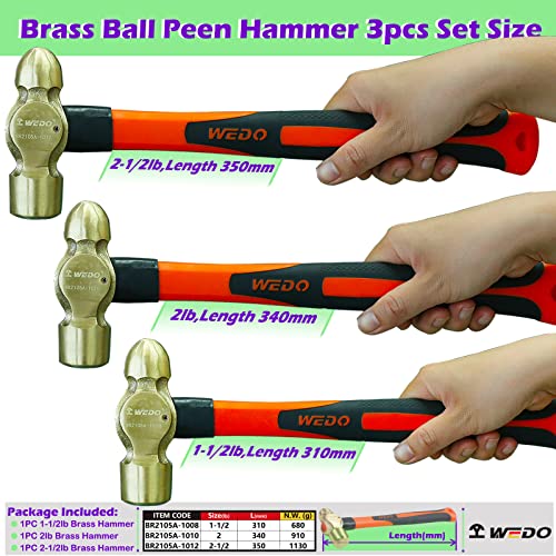 Image of WEDO 3PCS Brass Ball Peen Hammer Set,1-1 /2lb&2lb&2-1 /2lb,Fiberglass Handle,Die-Forged,Corrosion Resistant,DIN Standard