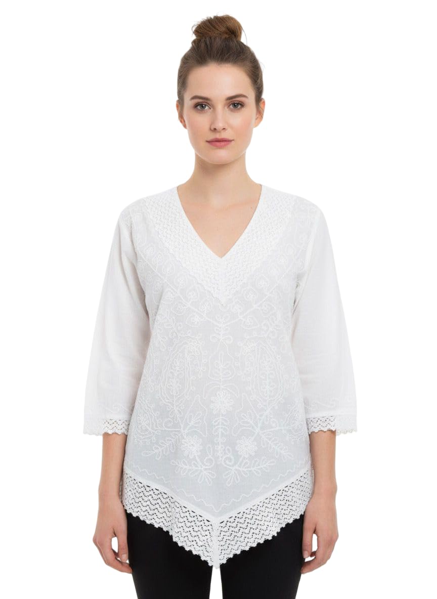Braziliantunic Women's White Cotton Embroidered Tunic Top, V-Neck, 3/4 Sleeve with Lace Trim, Bohemian Style, Casual Wear-image-2