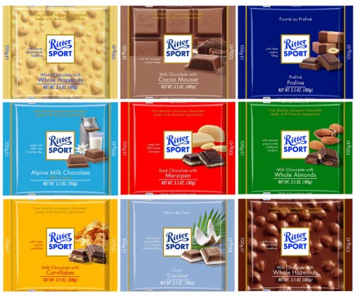 Ritter Sport Chocolate Sampler Pack - Assorted Flavors - 3.5 Oz (9 Pack) In Sanisco packaging