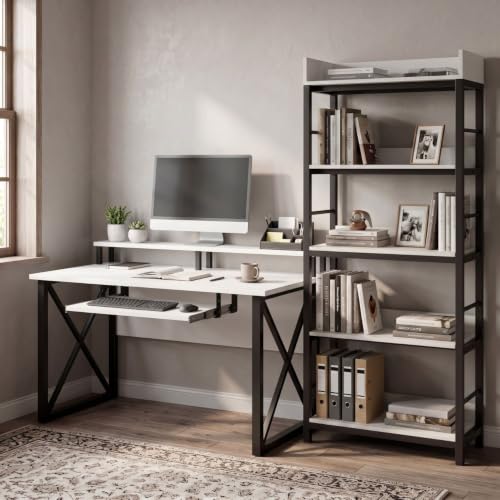 Image of FFO Modern Bedside Table with Drawer & Open Shelf, Wooden Top with Metal Frame, Compact Nightstand for Bedroom, End Table for Living Room