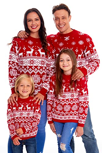 SAANS247 Christmas Jumper Family Matching Red Fairisle Nordic Unisex Kids Ladies Xmas Knit Sweater Novelty Sweater Set (Small, Nordic Red Adults)