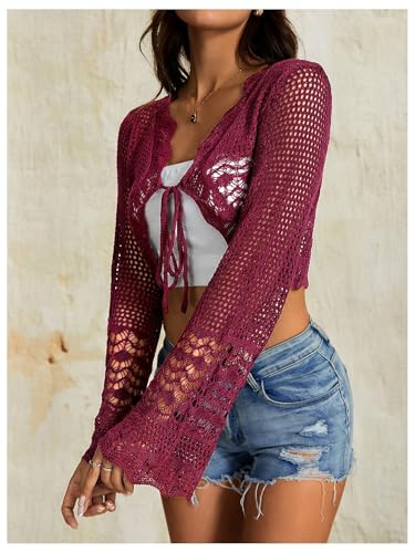 Image of OYOANGLE Women's Crochet Tie Front Sweater Cardigans Bell Sleeve Knitted Cropped Bolero Shrug Cardigan