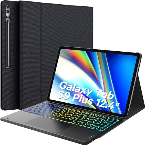Earto Teclado Samsung Galaxy Tab S9 Plus 2023 12.4' (SM-X810/X816B/X818U), 3-Zonas 7 Colores Retroiluminada, 2 Canales BT, Magnético Teclado con Touchpad para Samsung Tab S9 Plus 12.4 Pulgadas, Negro