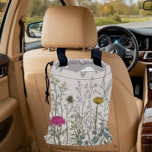 Image of Wild Herb Flower Car Garbage Bag,Vintage Botanical Flowers Small Car Trash Bag Hanging Back of Seat,Drawstring Car Trash Bag with Adjustable Buckle,Car Accessories for Camping Travelling