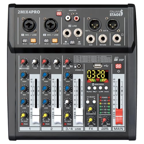 Italian Stage IS 2MIX4PRO - Mixer audio stereo 4 canali + DSP Multi FX, Lettore/registratore USB integrato e Bluetooth, Nero