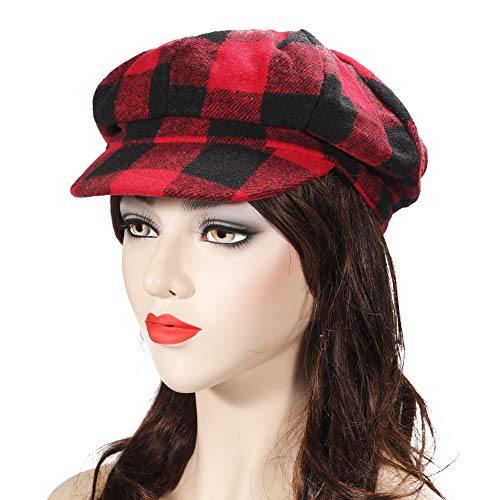 Womens Classic Plaid Newsboy Caps Visor 8 Panel Gatsby Cabbie Hat, Red #TOP1