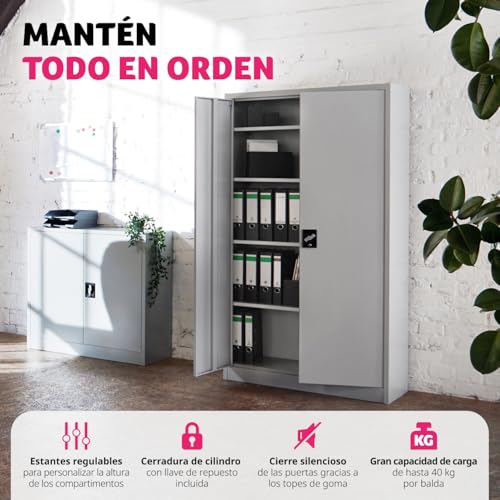 TecTake® Armario Archivador, Cierre De Seguridad, 4 Alturas, Cajones Ajustables, Mueble Oficina, Acero, Puertas Reforzadas, Limpieza Sencilla, Candado De Seguridad - 140x40x90cm Gris - Imagen 6
