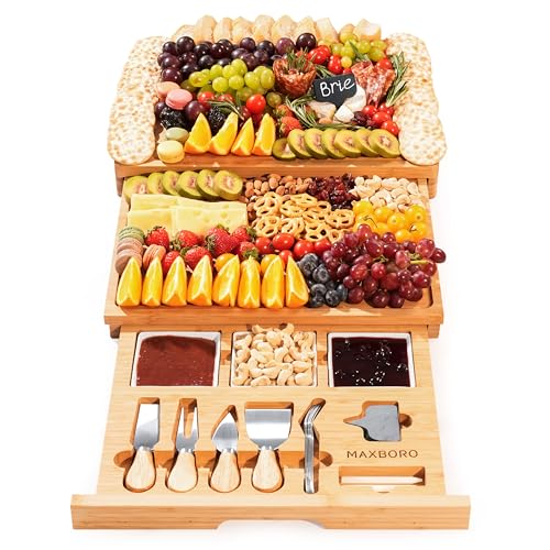 Extra Large 33.7X15.7 Inch Charcuterie Boards Gift Set, 100% Bamboo Cheese Board And Knife Set, Cool Meat Cheese Platter Tray, House Warming Gifts New Home, Ideas For Women Mom