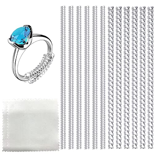 Ajusteurs pour Bagues, Réducteurs Bagues Invisible, Ring Sizer Adjuster avec un 2 Chiffons de Polissage, 1mm/3 mm Régleurs de Taille de Bague pour Bagues Lâches, Longueur 10cm, 12 Pcs Cover