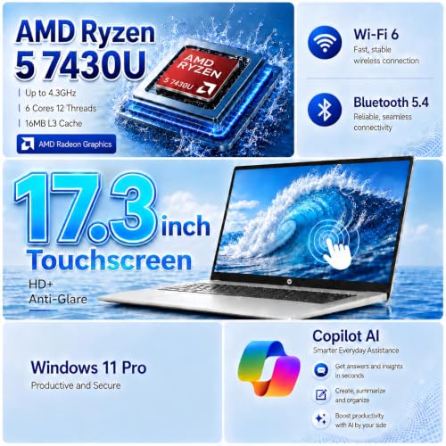 Image of HP 17 Inch Touchscreen Laptop - AMD Ryzen 5 7430U 32GB RAM 1TB SSD W11 Pro