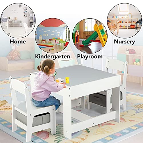 Kinder King Kids Wood Table & 2 Chairs Set, 3 In 1 Children Activity Table W/Storage, Removable Tabletop, Blackboard, 3-Piece Toddler Furniture Set For Art, Crafts, Drawing, Reading, Playroom, Grey #TOP2