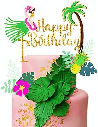 LaVenty Set of 3 Glitter Flamingo Happy Birthday Cake Topper Flamingo Birthday Supplies Tropical Hawaiian Themed Party Supplies
