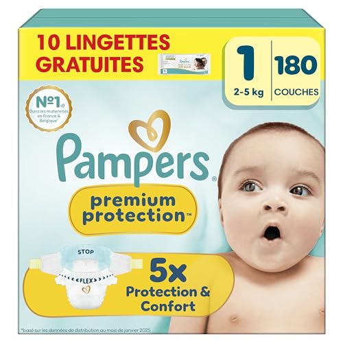 Pampers Premium Protection Taille 1, Couches, 2kg-5kg, Notre N°1 Pour La Protection De La Peau Et Contre Les Fuites + 10 Lingettes Aqua Soft Touch Offertes