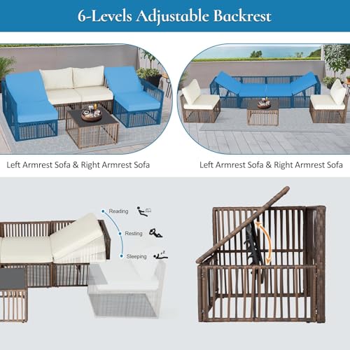 Image of FHFO 7 Pieces Outdoor Patio Furniture Set, Wicker Outdoor Sectional Conversation Couch Set with Adjustable Backrest Sofa, Thick Cushion & Coffee Table for Garden, Porch, Poolside, Brown /Beige