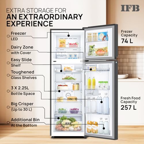 Image of IFB Smart Choice 331L, 3 Star, Tru Convertible 12-in-1, Advanced Inverter Compressor, Frost Free Double Door Refrigerator, WiFi Enabled, 4-Year Machine Warranty (IFBFF-3833DKSETU, Metal Black)