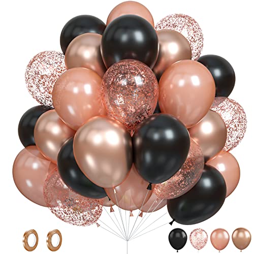 Ballons Or Rose Noir, 60 Pièces Ballons Or Rose Noir D'anniversaire, Ballons en Latex Confettis Or Rose Métallique de Ballons Hélium pour Nuptiale Douche Décorations D'anniversaire pour Mariage Bébé