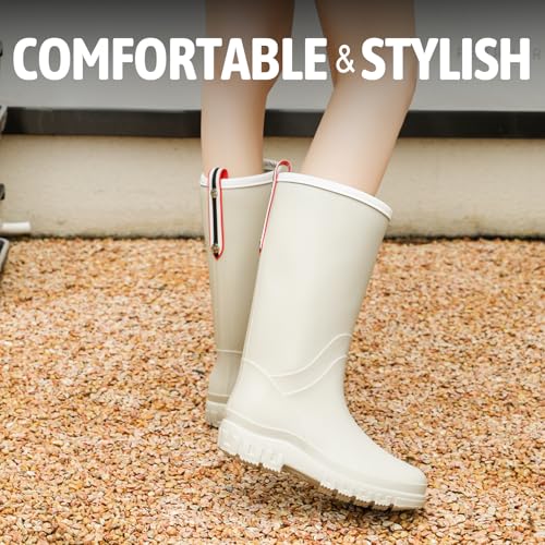 Image of rain boots women waterproof deck boots tall work boot comfortable Fishing boot lightweight chelsea bootie for Gardening Boating Camping Sailing white