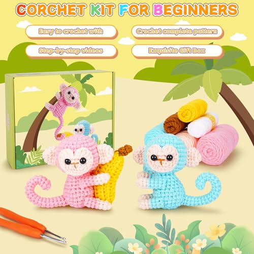 Image of Fortuning's JDS Crochet Kit for Beginners - 2 PCS Monkey with Banana Crochet Kits with Step-by-Step Video Tutorials, Beginner Crochet Kit for Adults, Crochet Monkey Kit (Blue & Pink)