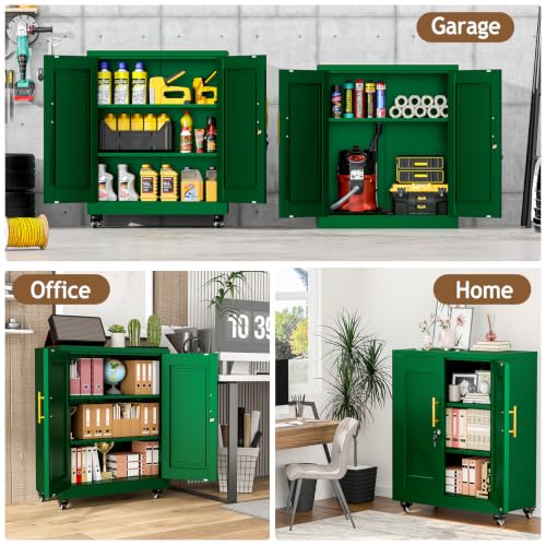 Image of 35 inch Lockable Rolling Metal Storage Cabinet, Steel Office File Cabinet | Garage Cabinet with Wheels & 2 Adjustable Shelves, Freestanding Tool Cabinet for Home, Office & Garage Storage, Green