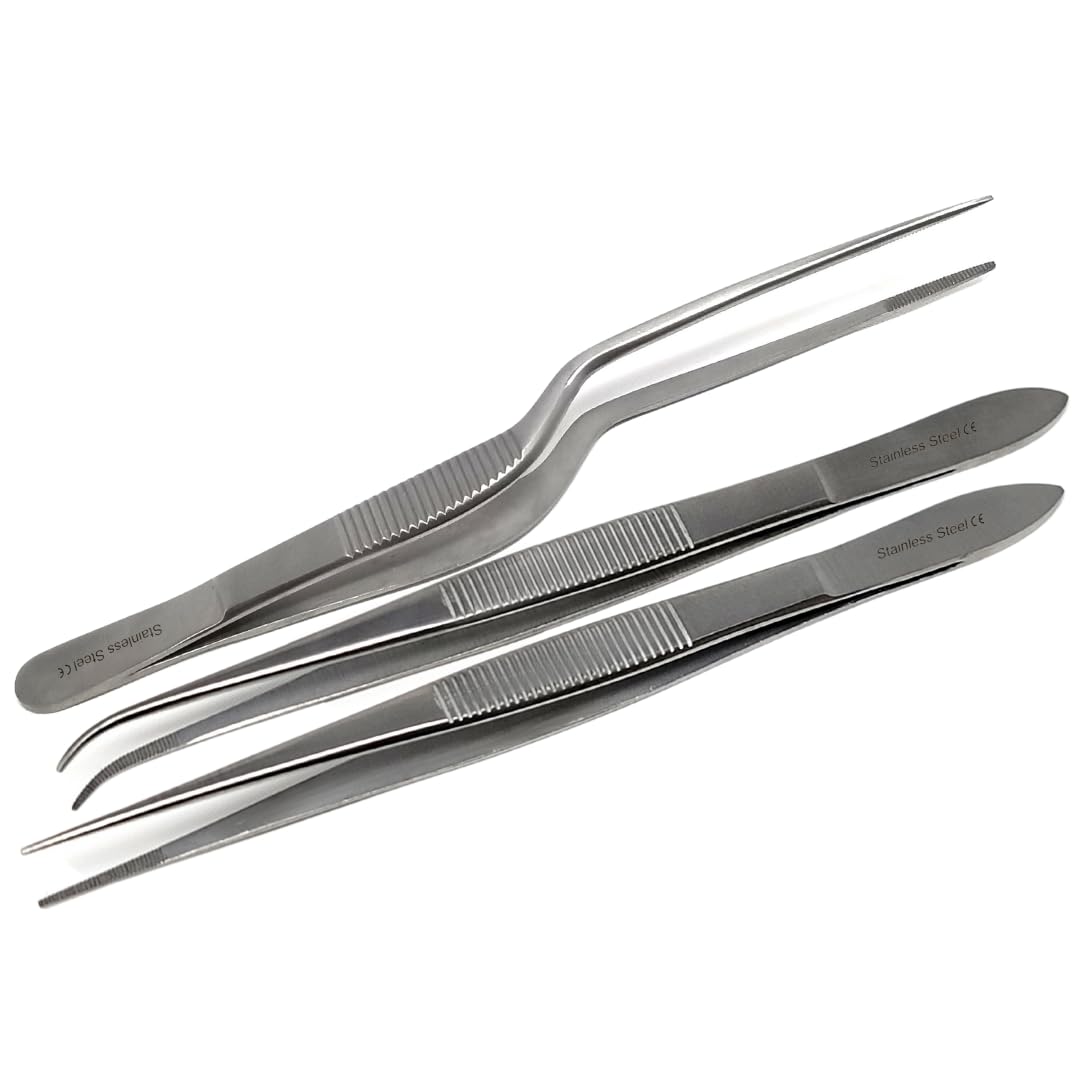 3 Stainless Steel Lab Forceps Offset Handle Tweezers Straight & Curved Serrated Tongs Set for Precision Work and General Use (6