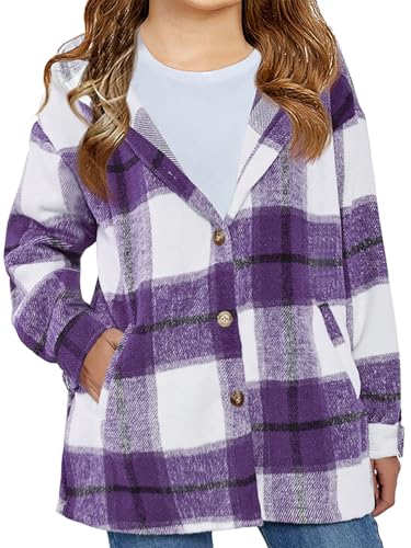 Image of Girls Cute Flannel Plaid Button Down Top with Pockets Long Sleeve Hooded Jacket