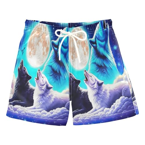 Kids Swimming Trunks, Toddler Trunks 2t, Galaxy Cool Wolf Blue Purple