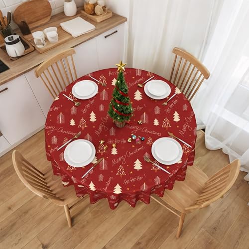 Image of Merry Christmas Round Tablecloth 60 Inch Ho Ho Ho Red with Xmas Trees Table Cover Waterproof Wipeable for Winter Home Kitchen Restaurant Parties Holiday Decor