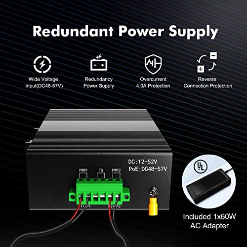 Image of MokerLink 5 Port PoE Industrial DIN-Rail Network Switch, 60W IEEE802.3af /at PoE Power, 10 /100Mbps Fast Ethernet, IP40 Rated Network Switch (-40 to 185F), with UL Power Supply