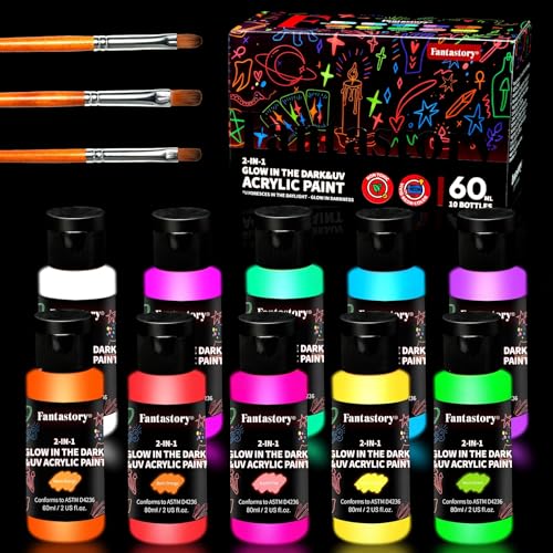 fantastory Halloween Glow in the Dark Paint,(2oz /60ml) with 3 Brushes,Neon Colors Glow Acrylic Paints,Waterproof Blacklight Paint for Outdoor Rock,Wood,Craft,Canva,Pumpkin[FluorescentSeries]