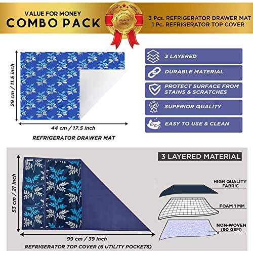 Image of Polyester 3-Layered Fridge Top Cover /Refrigerator Cover with Utility Pockets and Set of 3 Pc Fridge Mats (Color- Leaf Blue, Size-39x21 Inch)