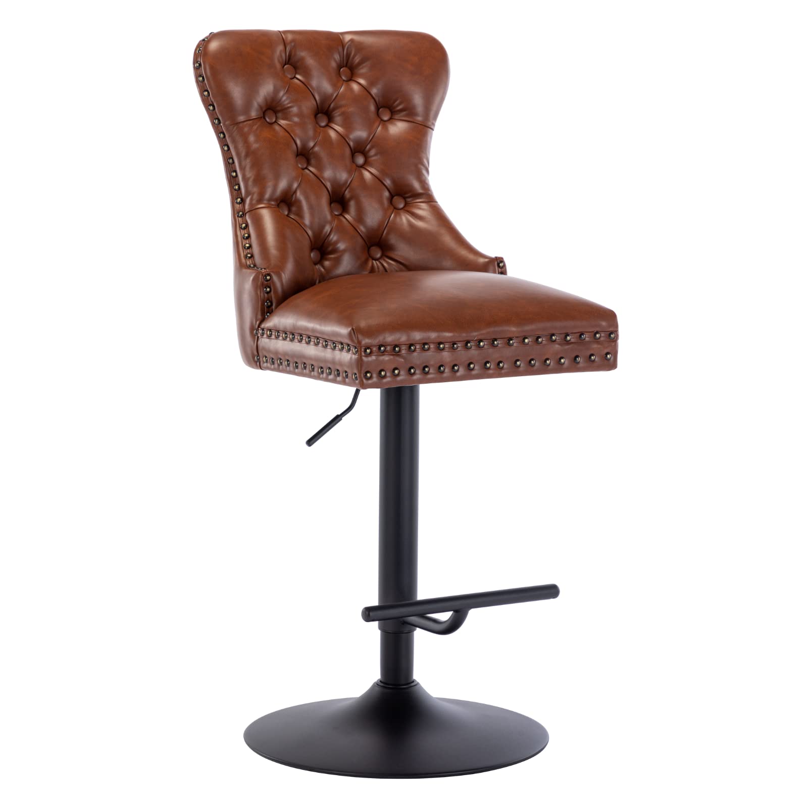 CIMOO Leather Bar Stools Set of 1 Kitchen Counter Stool Chair Upholstered Island Chairs Swivel Barstool with Back, Button Tufted, Brown