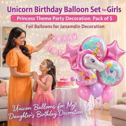Image of Propsicle Unicorn Theme Pink Foil Balloons Birthday Decoration Kit for Girls, Pack of 5 with Star & Printed Round Balloons for Indoor Outdoor Photo Backdrop Decor
