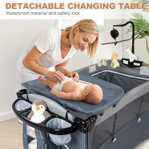 Image of 5-in-1 Baby Bassinet Bedside Sleeper, Portable Playard with Changing Station, Foldable Infant Travel Crib with Wheels, Adjustable Height Newborn Baby Playpen for Home & Travel