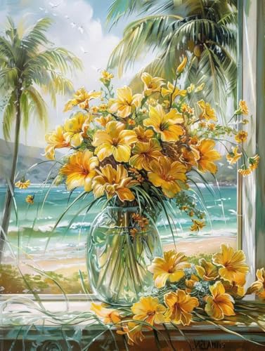 Diamond Painting Adulte Vase Fleurs Plage 5D Broderie Diamant 50x70cm