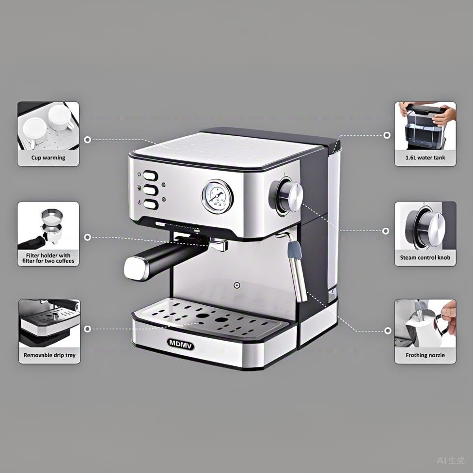 MDMV Espresso Machine with various parts disassembled for cleaning