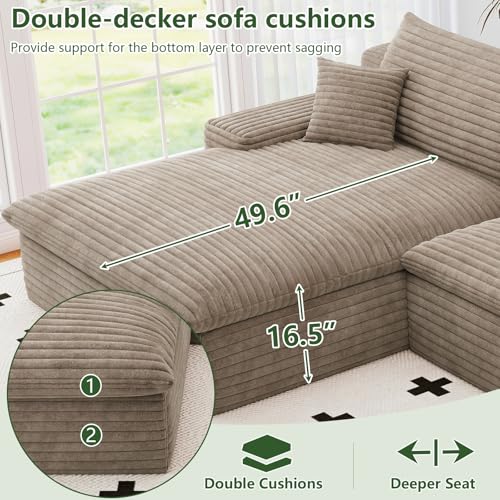 Image of 136 inch Cloud Couch Modular Sectional Sofa for Living Room, U-Shape Boneless Couch with Deep Seat, Modern Corduroy 4-Seater with Ottoman, No Assembly Required (Camel,Left-Facing Chaise)