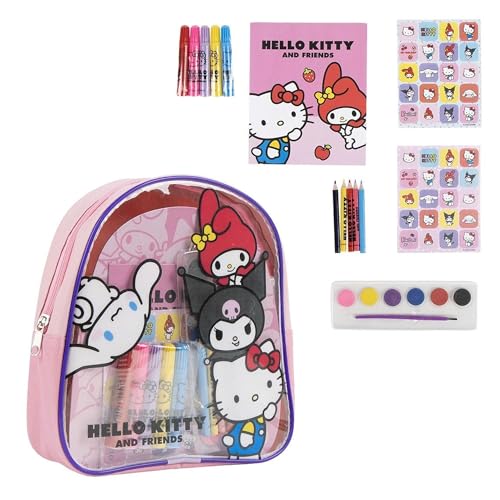 Zaino Hello Kitty per bambini con set di colori, adesivi e libro da colorare | Zaino Hello Kitty con accessori creativi, ideale per bambine e fan di Hello Kitty