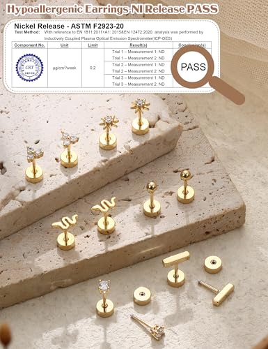LOLIAS Dainty Hypoallergenic Flat Back Stud Earrings for Women Trendy | 14K Gold Plated Cartilage Earring Helix Conch Tragus Piercing Jewelry | Small Surgical Stainless Steel Earring Sets 20G4